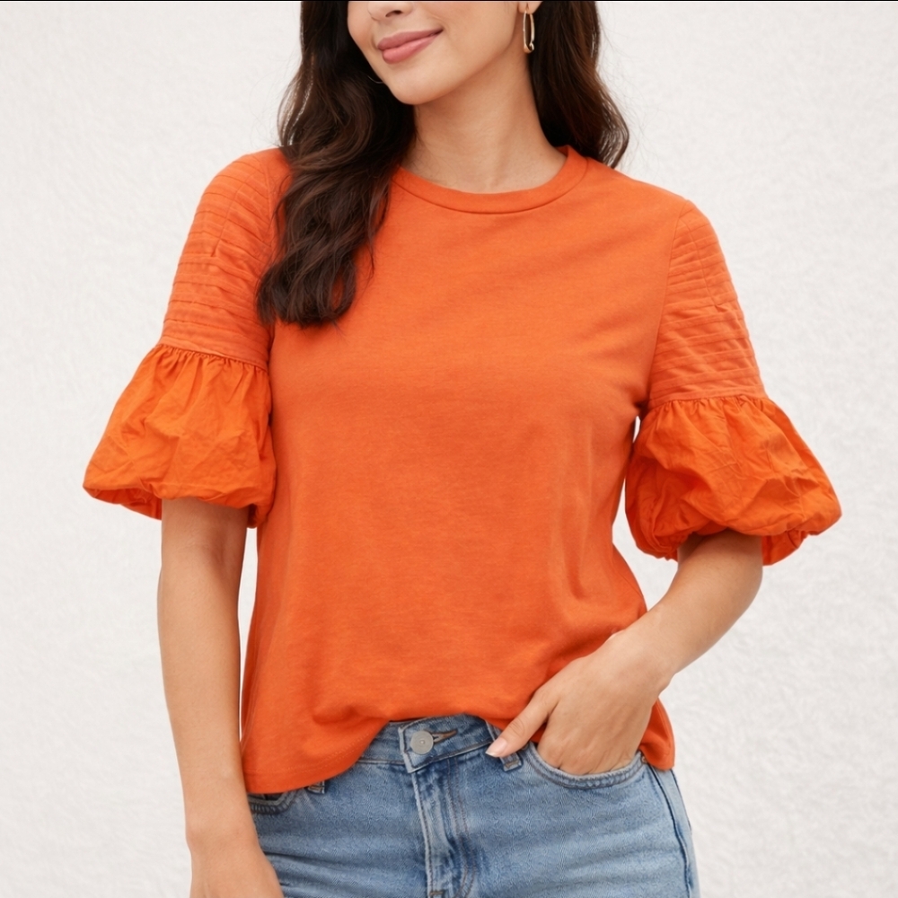 Gracia ballon puff short sleeve round neck orange top size small